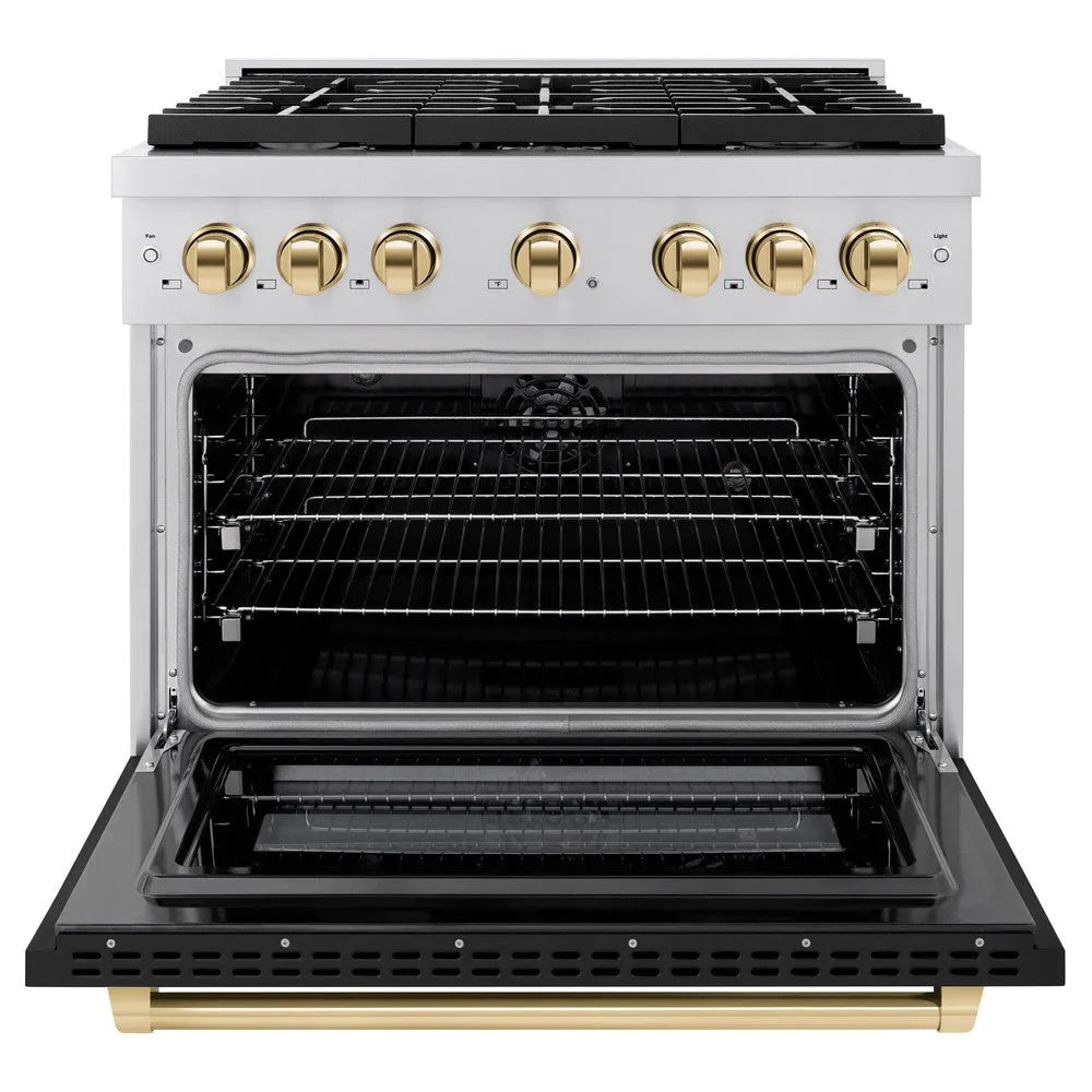 ZLINE Autograph Edition 36 in. 5.2 cu. ft. Paramount Dual Fuel Range with 6 Burner Gas Cooktop and Electric Convection Oven in Stainless Steel with Black Matte Door and Polished Gold Accents (SDRZ-BLM-36-G) front, open.