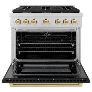 ZLINE Autograph Edition 36 in. 5.2 cu. ft. Paramount Dual Fuel Range with 6 Burner Gas Cooktop and Electric Convection Oven in Stainless Steel with Black Matte Door and Polished Gold Accents (SDRZ-BLM-36-G) front, open.