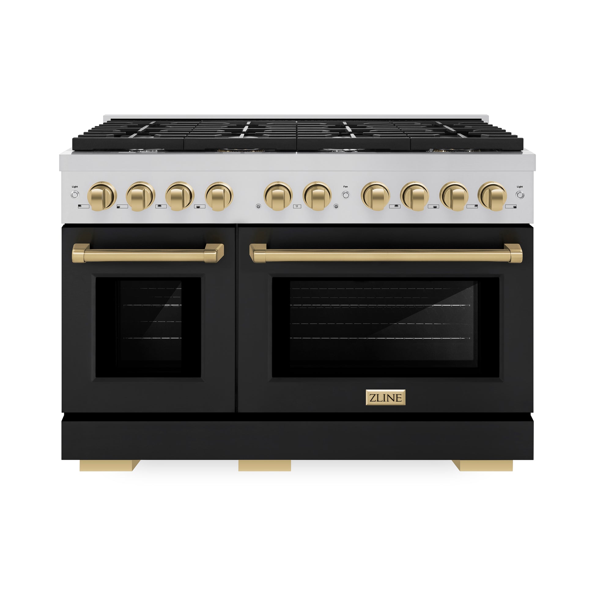 ZLINE Autograph Edition 48 in. 6.7 cu. ft. Paramount Double Oven Dual Fuel Range with 8 Burner Gas Cooktop in Stainless Steel with Black Matte Door and Champagne Bronze Accents (SDRZ-BLM-48-CB) front.