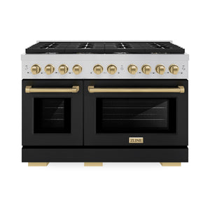 ZLINE Autograph Edition 48 in. 6.7 cu. ft. Paramount Double Oven Dual Fuel Range with 8 Burner Gas Cooktop in Stainless Steel with Black Matte Door and Champagne Bronze Accents (SDRZ-BLM-48-CB) front.