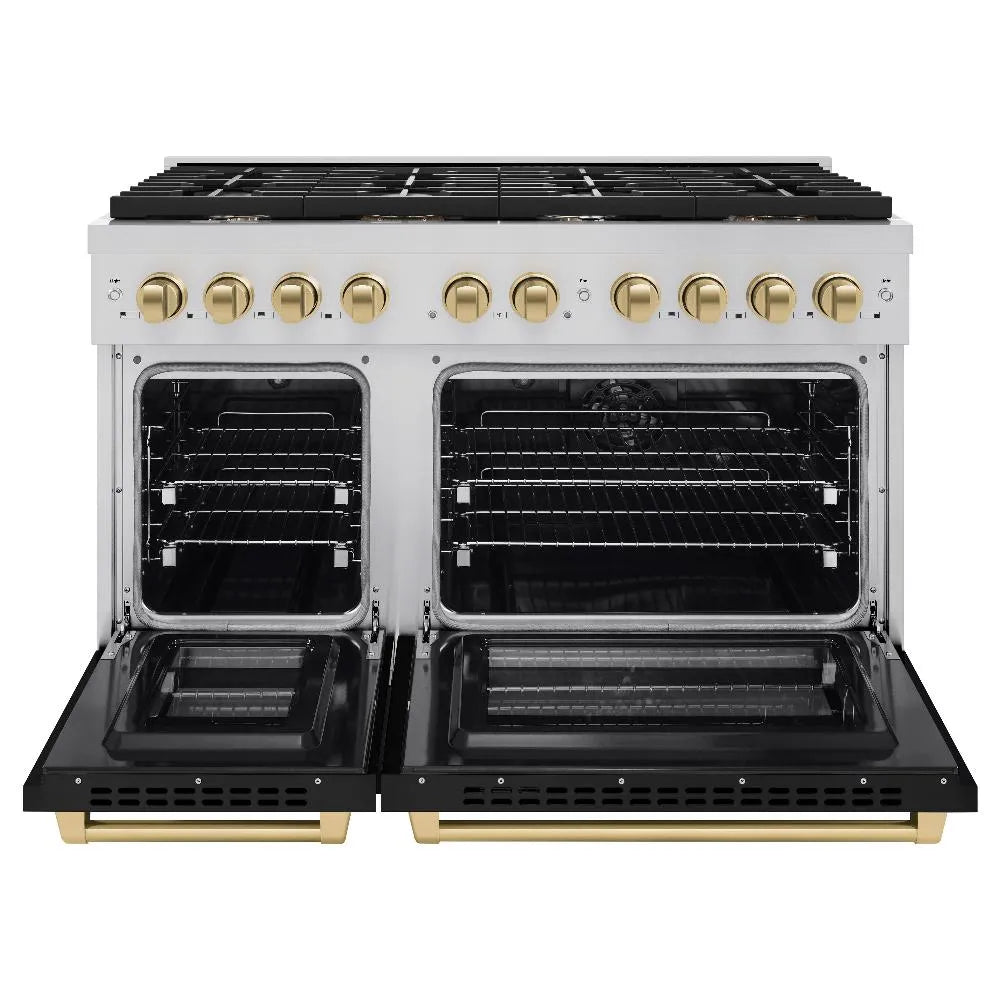 ZLINE Autograph Edition 48 in. 6.7 cu. ft. Paramount Double Oven Dual Fuel Range with 8 Burner Gas Cooktop in Stainless Steel with Black Matte Doors and Champagne Bronze Accents (SDRZ-BLM-48-CB) front, open.