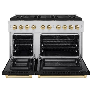 ZLINE Autograph Edition 48 in. 6.7 cu. ft. Paramount Double Oven Dual Fuel Range with 8 Burner Gas Cooktop in Stainless Steel with Black Matte Doors and Champagne Bronze Accents (SDRZ-BLM-48-CB) front, open.