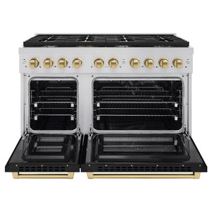 ZLINE Autograph Edition 48 in. 6.7 cu. ft. Paramount Double Oven Dual Fuel Range with 8 Burner Gas Cooktop in Stainless Steel with Black Matte Doors and Champagne Bronze Accents (SDRZ-BLM-48-CB) front, oven open.