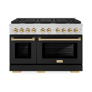 ZLINE Autograph Edition 48 in. 6.7 cu. ft. Paramount Double Oven Dual Fuel Range with 8 Burner Gas Cooktop in Stainless Steel with Black Matte Door and Polished Gold Accents (SDRZ-BLM-48-G) front.