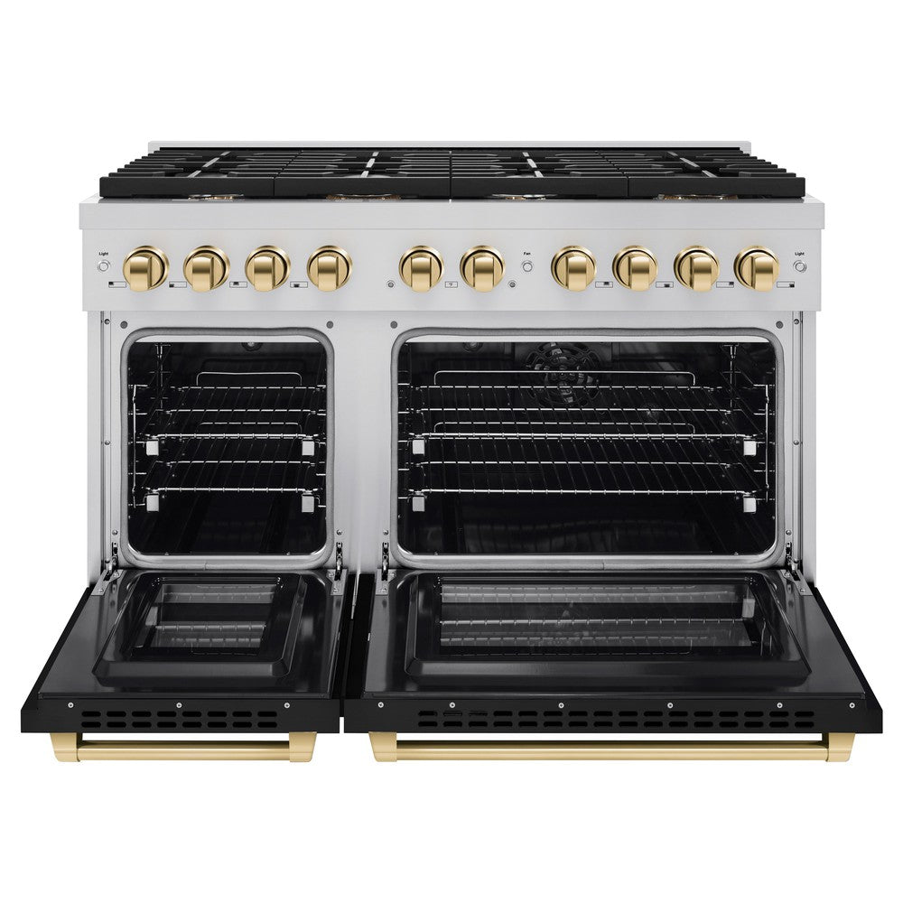 ZLINE Autograph Edition 48 in. 6.7 cu. ft. Paramount Double Oven Dual Fuel Range with 8 Burner Gas Cooktop in Stainless Steel with Black Matte Doors and Polished Gold Accents (SDRZ-BLM-48-G) front, oven open.