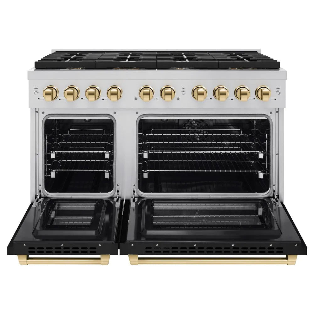 ZLINE Autograph Edition 48 in. 6.7 cu. ft. Paramount Double Oven Dual Fuel Range with 8 Burner Gas Cooktop in Stainless Steel with Black Matte Doors and Polished Gold Accents (SDRZ-BLM-48-G) front, open.