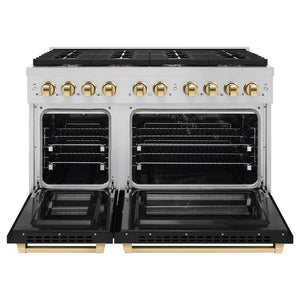 ZLINE Autograph Edition 48 in. 6.7 cu. ft. Paramount Double Oven Dual Fuel Range with 8 Burner Gas Cooktop in Stainless Steel with Black Matte Doors and Polished Gold Accents (SDRZ-BLM-48-G) front, open.