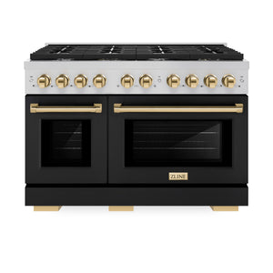 ZLINE Autograph Edition 48 in. 6.7 cu. ft. Paramount Double Oven Dual Fuel Range with 8 Burner Gas Cooktop in Stainless Steel with Black Matte Door and Polished Gold Accents (SDRZ-BLM-48-G) front, oven closed.