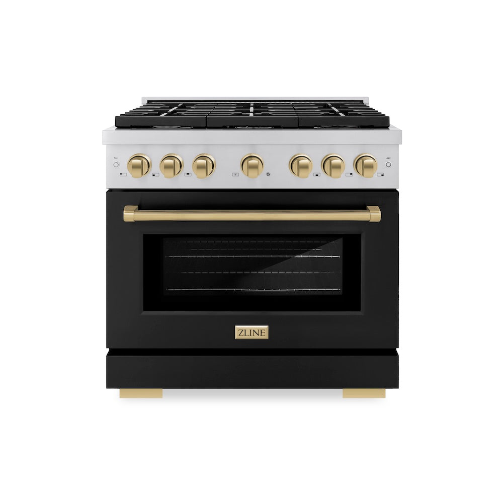 ZLINE Autograph Edition 36 in. 5.2 cu. ft. Paramount Gas Range with 6 Burner Cooktop and Convection Gas Oven in Stainless Steel with Black Matte Door and Champagne Bronze Accents (SGRZ-BLM-36-CB) front.