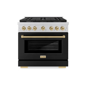 ZLINE Autograph Edition 36 in. 5.2 cu. ft. Paramount Gas Range with 6 Burner Cooktop and Convection Gas Oven in Stainless Steel with Black Matte Door and Champagne Bronze Accents (SGRZ-BLM-36-CB) front.
