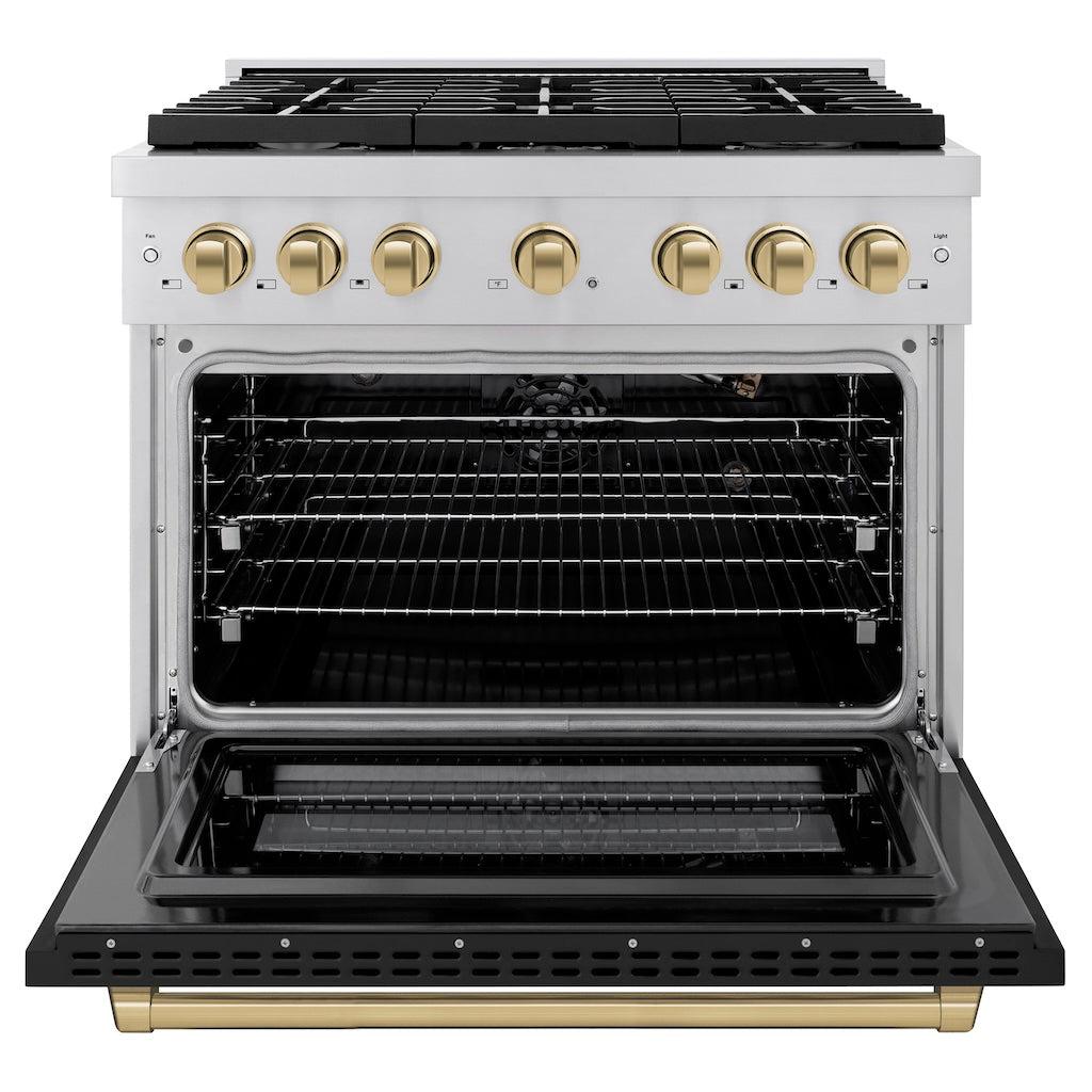 ZLINE Autograph Edition 36 in. 5.2 cu. ft. 6 Burner Gas Range with Convection Gas Oven in Stainless Steel with Black Matte Door and Champagne Bronze Accents (SGRZ-BLM-36-CB) front, with oven open.