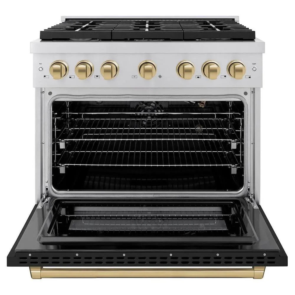 ZLINE Autograph Edition 36 in. 5.2 cu. ft. Paramount Gas Range with 6 Burner Cooktop and Convection Gas Oven in Stainless Steel with Black Matte Door and Champagne Bronze Accents (SGRZ-BLM-36-CB) front, open.
