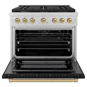 ZLINE Autograph Edition 36 in. 5.2 cu. ft. Paramount Gas Range with 6 Burner Cooktop and Convection Gas Oven in Stainless Steel with Black Matte Door and Champagne Bronze Accents (SGRZ-BLM-36-CB) front, open.