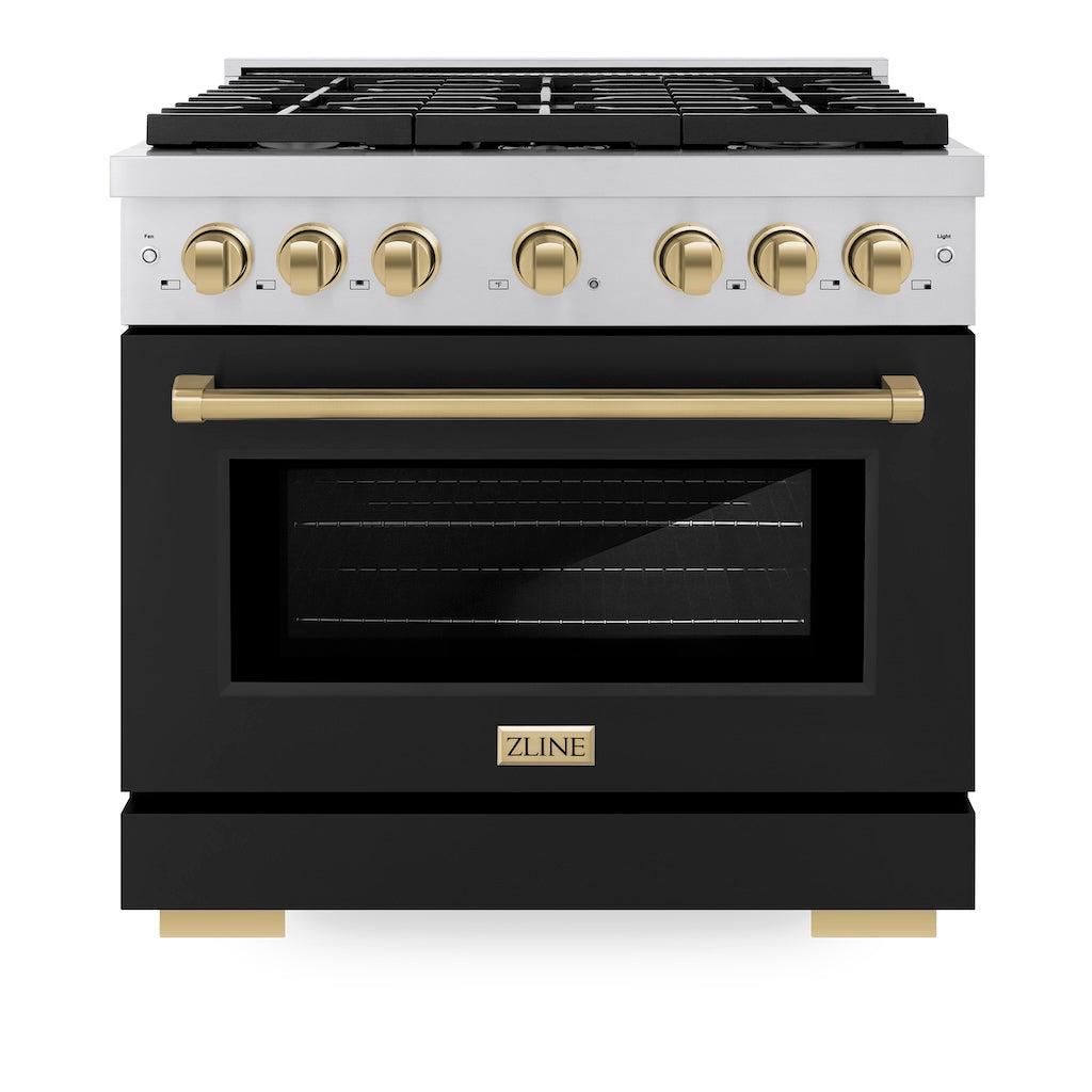 ZLINE Autograph Edition 36 in. 5.2 cu. ft. 6 Burner Gas Range with Convection Gas Oven in Stainless Steel with Black Matte Door and Champagne Bronze Accents (SGRZ-BLM-36-CB) front, oven closed.