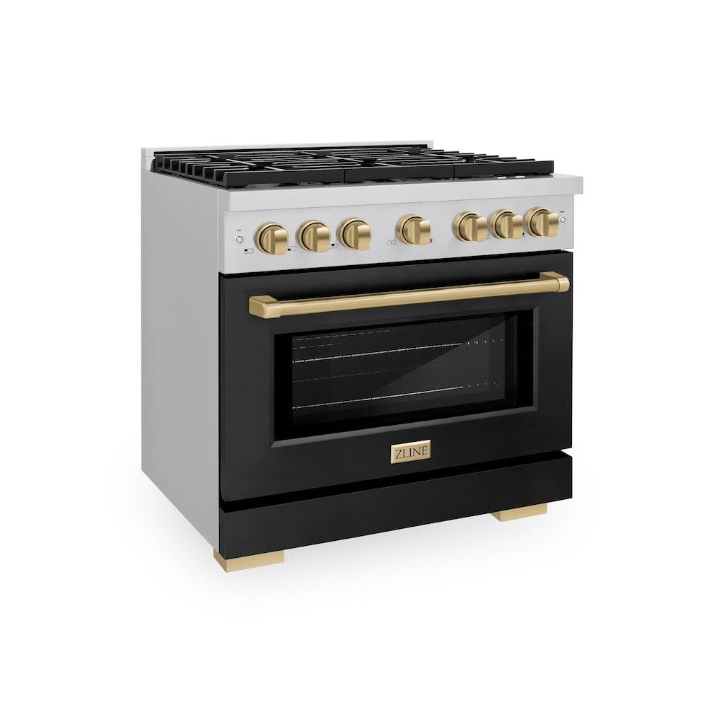 ZLINE Autograph Edition 36 in. 5.2 cu. ft. 6 Burner Gas Range with Convection Gas Oven in Stainless Steel with Black Matte Door and Champagne Bronze Accents (SGRZ-BLM-36-CB) side, oven closed.