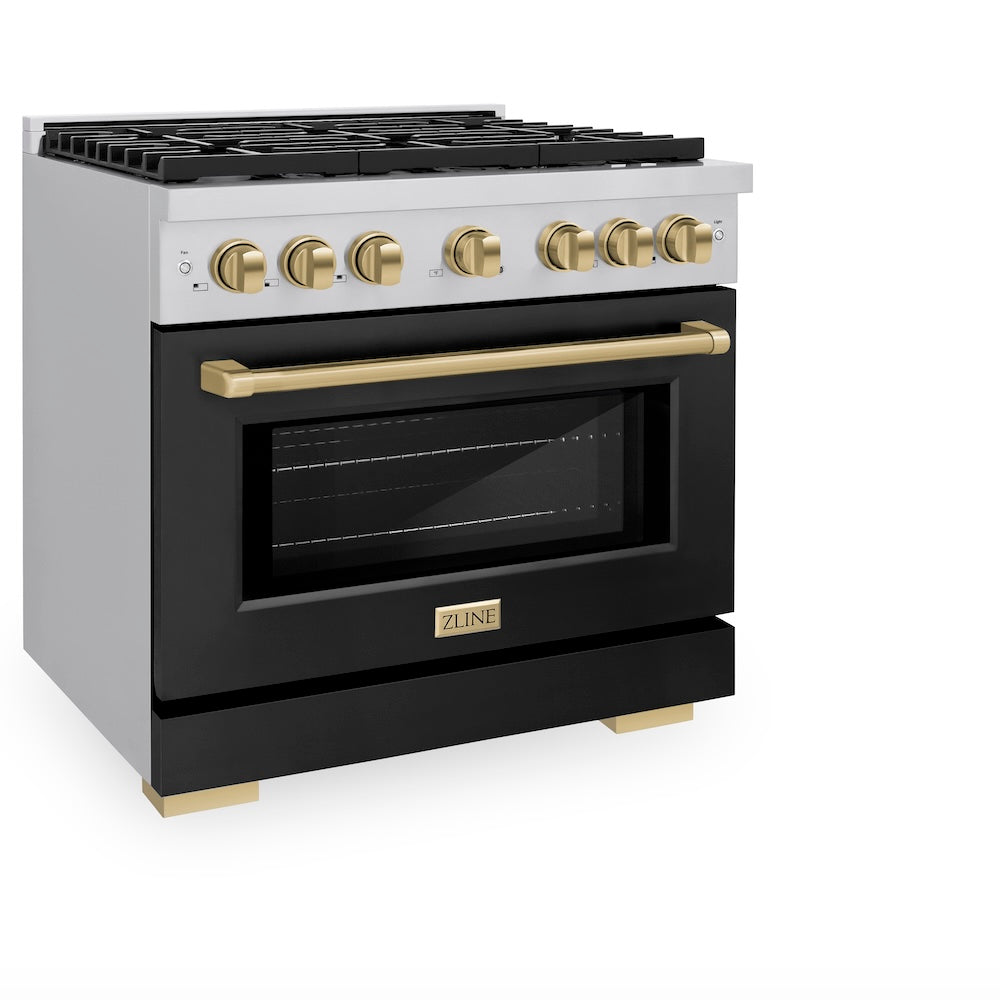 ZLINE Autograph Edition 36 in. 5.2 cu. ft. Paramount Gas Range with 6 Burner Cooktop and Convection Gas Oven in Stainless Steel with Black Matte Door and Champagne Bronze Accents (SGRZ-BLM-36-CB) side, oven closed.