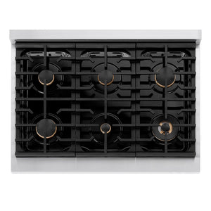 ZLINE Autograph Edition 36 in. 5.2 cu. ft. 6 Burner Gas Range with Convection Gas Oven in Stainless Steel with Black Matte Door and Champagne Bronze Accents (SGRZ-BLM-36-CB) from above, showing gas burners, black porcelain cooktop, and cast-iron grates.