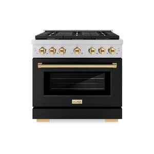 ZLINE Autograph Edition 36 in. 5.2 cu. ft. Paramount Gas Range with 6 Burner Cooktop and Convection Gas Oven in Stainless Steel with Black Matte Door and Polished Gold Accents (SGRZ-BLM-36-G) front.