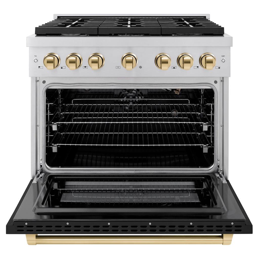 ZLINE Autograph Edition 36 in. 5.2 cu. ft. 6 Burner Gas Range with Convection Gas Oven in Stainless Steel with Black Matte Door and Polished Gold Accents (SGRZ-BLM-36-G) front, with oven open.