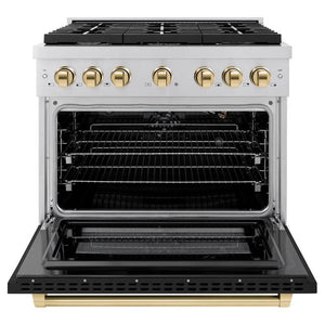 ZLINE Autograph Edition 36 in. 5.2 cu. ft. Paramount Gas Range with 6 Burner Cooktop and Convection Gas Oven in Stainless Steel with Black Matte Door and Polished Gold Accents (SGRZ-BLM-36-G) front, open.