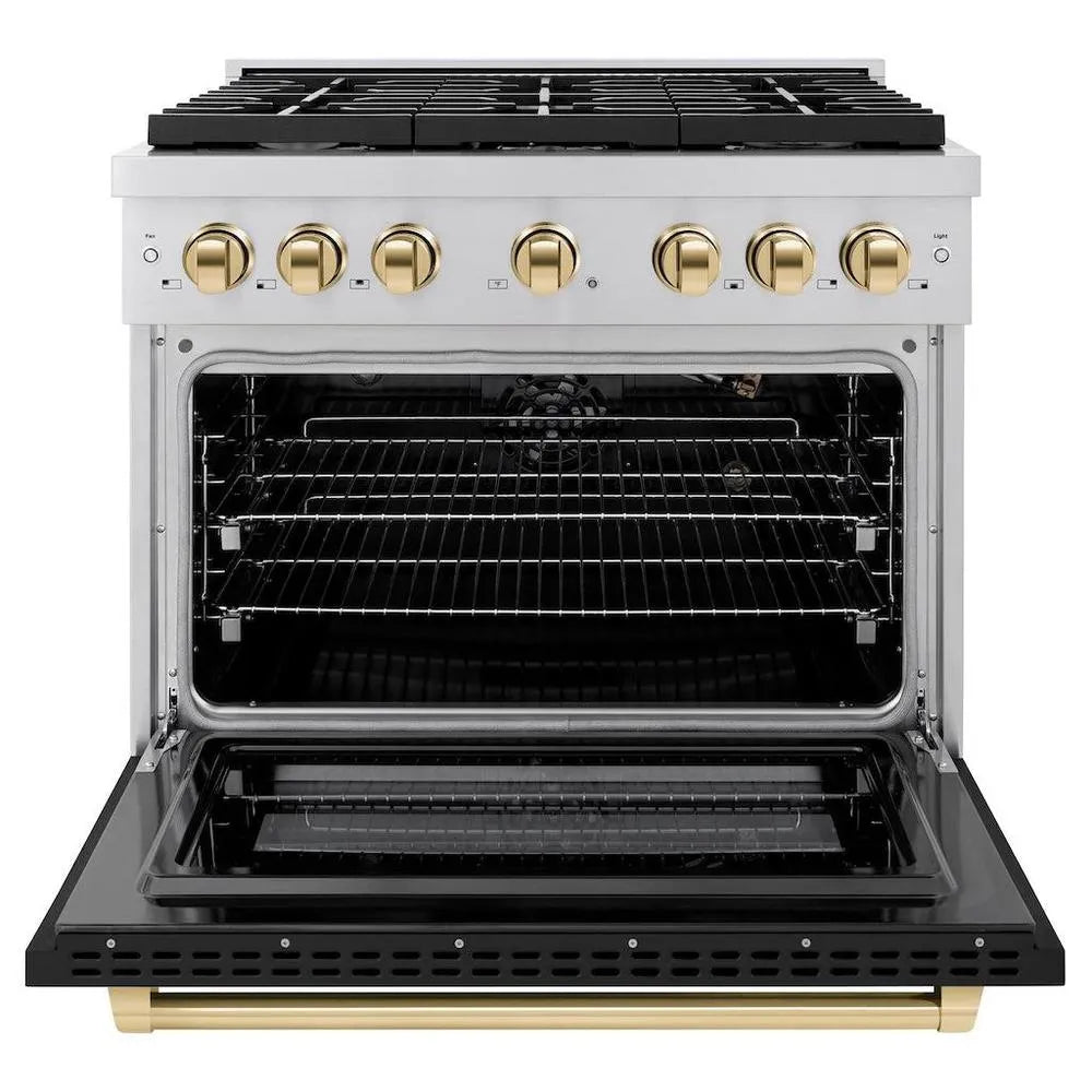 ZLINE Autograph Edition 36 in. 5.2 cu. ft. Paramount Gas Range with 6 Burner Cooktop and Convection Gas Oven in Stainless Steel with Black Matte Door and Polished Gold Accents (SGRZ-BLM-36-G) front, open.