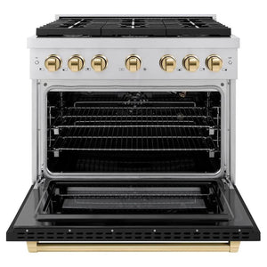 ZLINE Autograph Edition 36 in. 5.2 cu. ft. Paramount Gas Range with 6 Burner Cooktop and Convection Gas Oven in Stainless Steel with Black Matte Door and Polished Gold Accents (SGRZ-BLM-36-G) front, open.