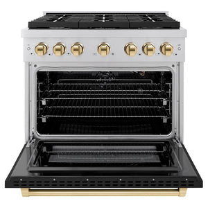 ZLINE Autograph Edition 36 in. 5.2 cu. ft. 6 Burner Gas Range with Convection Gas Oven in Stainless Steel with Black Matte Door and Polished Gold Accents (SGRZ-BLM-36-G) front, with oven open.