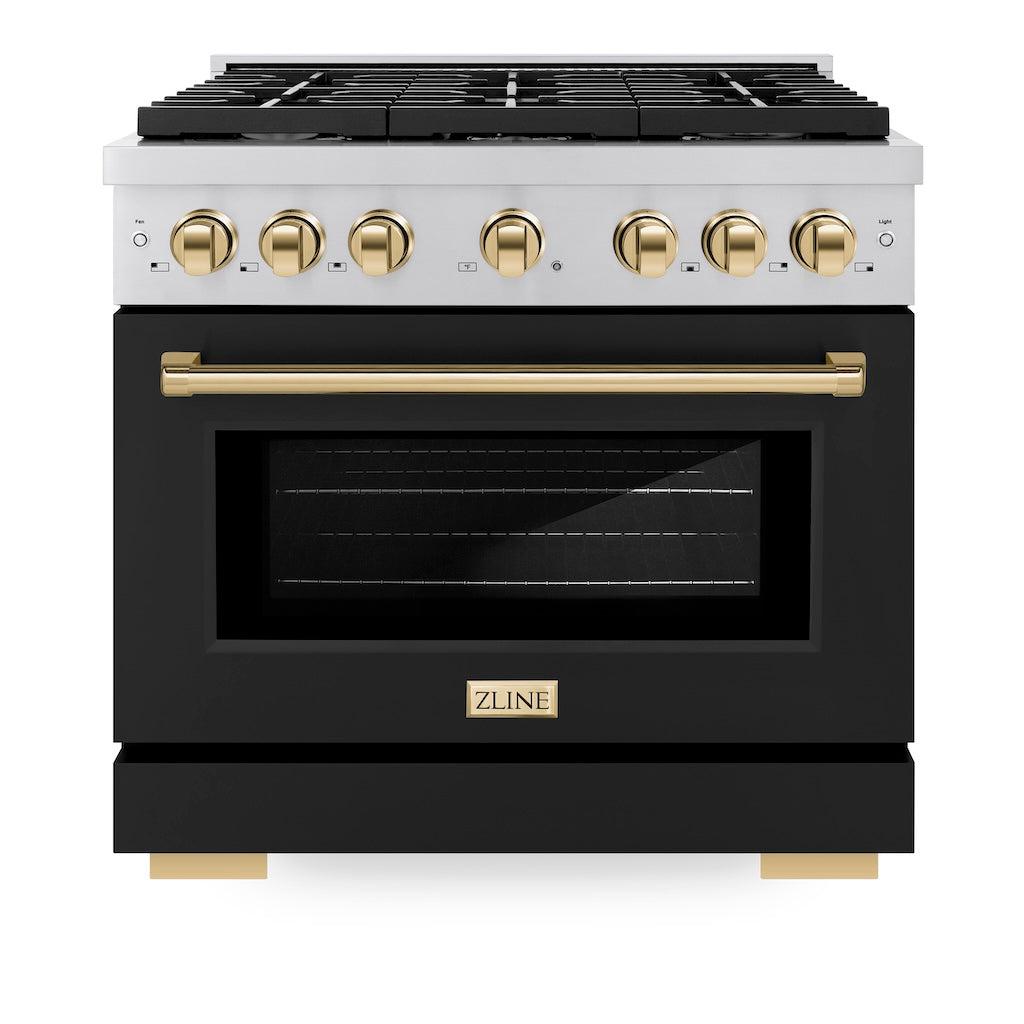 ZLINE Autograph Edition 36 in. 5.2 cu. ft. 6 Burner Gas Range with Convection Gas Oven in Stainless Steel with Black Matte Door and Polished Gold Accents (SGRZ-BLM-36-G) front, oven closed.
