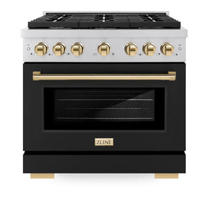 ZLINE Autograph Edition 36 in. 5.2 cu. ft. Paramount Gas Range with 6 Burner Cooktop and Convection Gas Oven in Stainless Steel with Black Matte Door and Polished Gold Accents (SGRZ-BLM-36-G) front, oven closed.