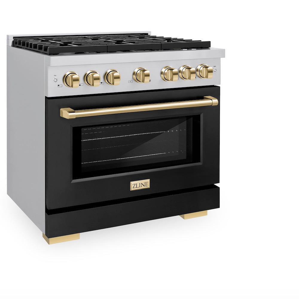ZLINE Autograph Edition 36 in. 5.2 cu. ft. Paramount Gas Range with 6 Burner Cooktop and Convection Gas Oven in Stainless Steel with Black Matte Door and Polished Gold Accents (SGRZ-BLM-36-G) side, oven closed.