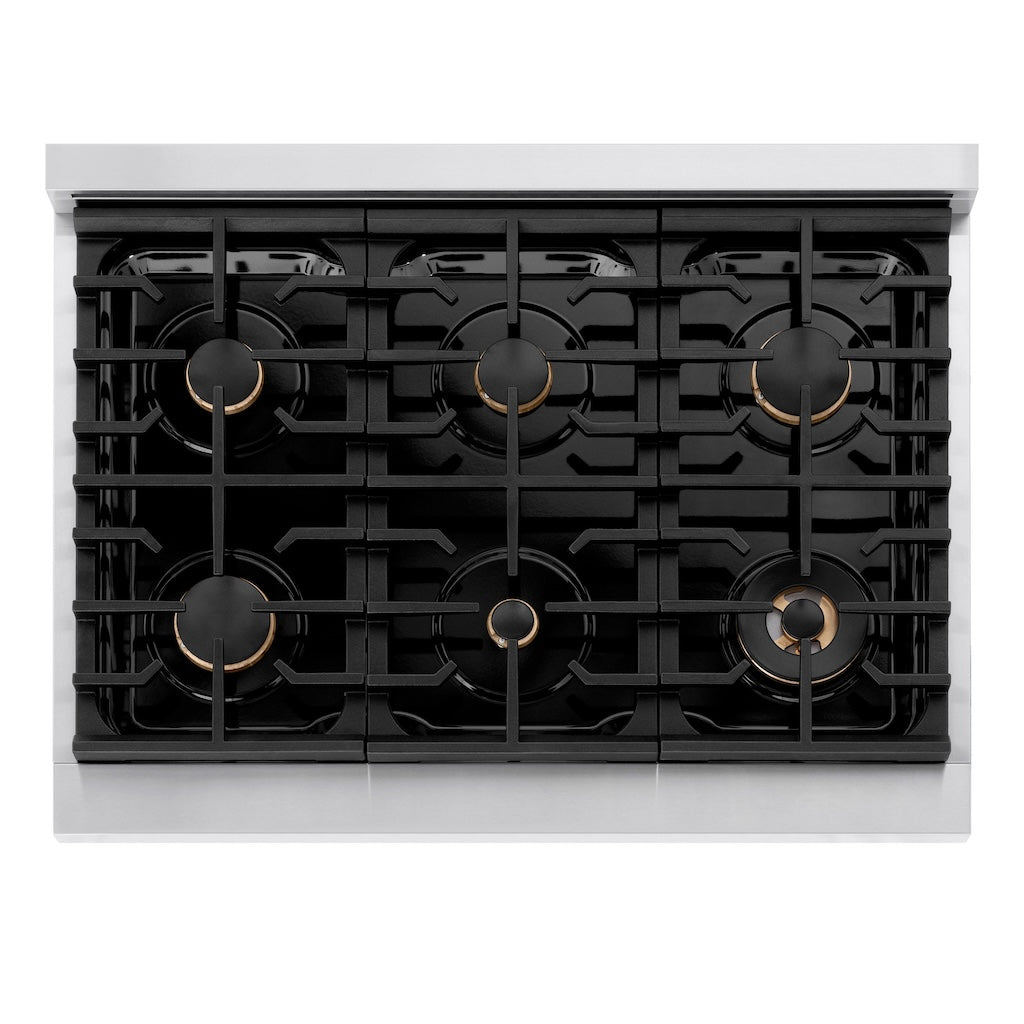 ZLINE Autograph Edition 36 in. 5.2 cu. ft. 6 Burner Gas Range with Convection Gas Oven in Stainless Steel with Black Matte Door and Polished Gold Accents (SGRZ-BLM-36-G) from above, showing gas burners, black porcelain cooktop, and cast-iron grates.