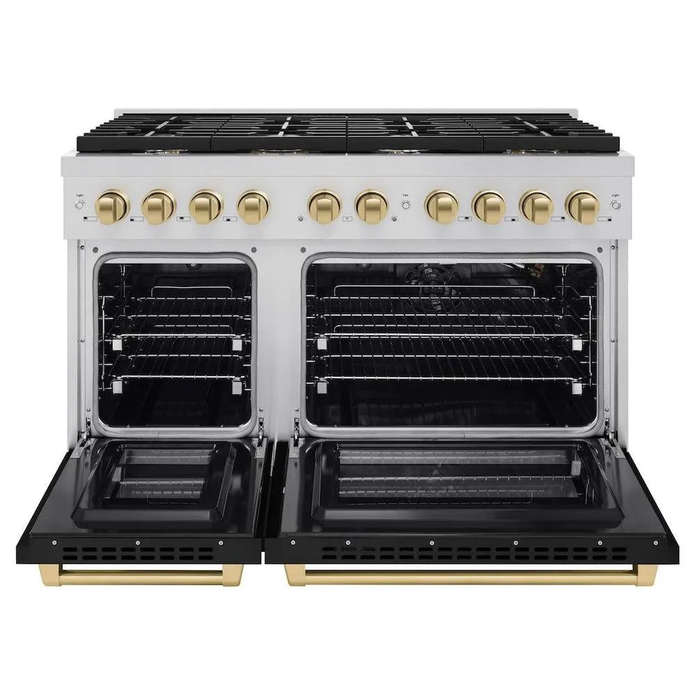 ZLINE Autograph Edition 48 in. 6.7 cu. ft. Paramount Double Oven Gas Range with 8 Burner Cooktop in Stainless Steel with Black Matte Doors and Champagne Bronze Accents (SGRZ-BLM-48-CB) front, open.