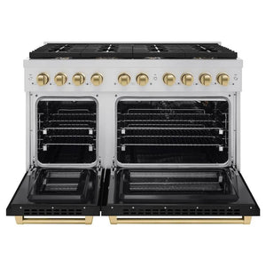 ZLINE Autograph Edition 48 in. 6.7 cu. ft. Paramount Double Oven Gas Range with 8 Burner Cooktop in Stainless Steel with Black Matte Doors and Champagne Bronze Accents (SGRZ-BLM-48-CB) front, open.