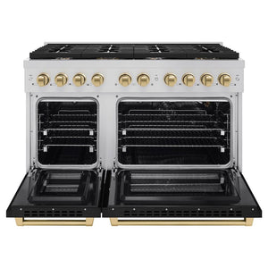 ZLINE Autograph Edition 48 in. 6.7 cu. ft. 8 Burner Double Oven Gas Range in Stainless Steel with Black Matte Doors and Champagne Bronze Accents (SGRZ-BLM-48-CB) front, with oven open.