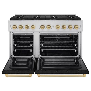 ZLINE Autograph Edition 48 in. 6.7 cu. ft. 8 Burner Double Oven Gas Range in Stainless Steel with Black Matte Doors and Champagne Bronze Accents (SGRZ-BLM-48-CB) front, oven open.