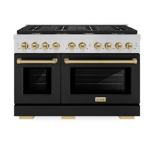 ZLINE Autograph Edition 48 in. 6.7 cu. ft. Paramount Double Oven Gas Range with 8 Burner Cooktop in Stainless Steel with Black Matte Doors and Champagne Bronze Accents (SGRZ-BLM-48-CB) front, oven closed.