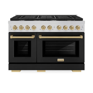 ZLINE Autograph Edition 48 in. 6.7 cu. ft. 8 Burner Double Oven Gas Range in Stainless Steel with Black Matte Doors and Champagne Bronze Accents (SGRZ-BLM-48-CB) front, oven closed.