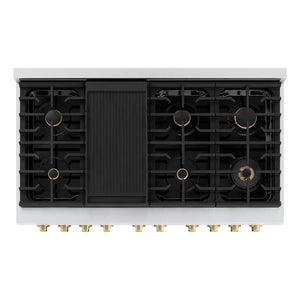 ZLINE Autograph Edition 48 in. 6.7 cu. ft. Paramount Double Oven Gas Range with 8 Burner Cooktop in Stainless Steel with Black Matte Doors and Champagne Bronze Accents (SGRZ-BLM-48-CB) top-down, above cooktop.
