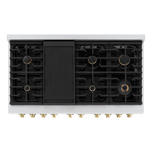 ZLINE Autograph Edition 48 in. 6.7 cu. ft. 8 Burner Double Oven Gas Range in Stainless Steel with Black Matte Doors and Champagne Bronze Accents (SGRZ-BLM-48-CB) from above, showing gas burners, black porcelain cooktop, and cast-iron grates.