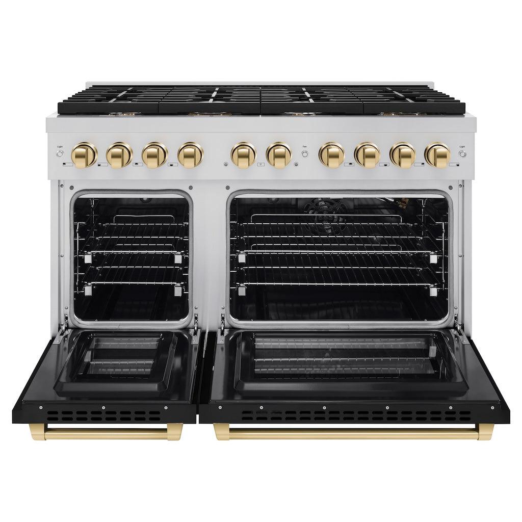 ZLINE Autograph Edition 48 in. 6.7 cu. ft. 8 Burner Double Oven Gas Range in Stainless Steel with Black Matte Doors and Polished Gold Accents (SGRZ-BLM-48-G) front, oven open.