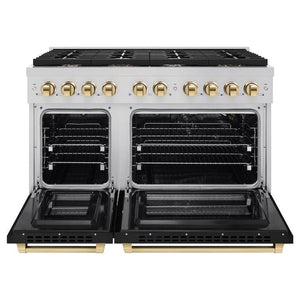 ZLINE Autograph Edition 48 in. 6.7 cu. ft. Paramount Double Oven Gas Range with 8 Burner Cooktop in Stainless Steel with Black Matte Doors and Polished Gold Accents (SGRZ-BLM-48-G) front, open.
