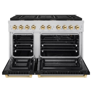 ZLINE Autograph Edition 48 in. 6.7 cu. ft. 8 Burner Double Oven Gas Range in Stainless Steel with Black Matte Doors and Polished Gold Accents (SGRZ-BLM-48-G) front, with oven open.