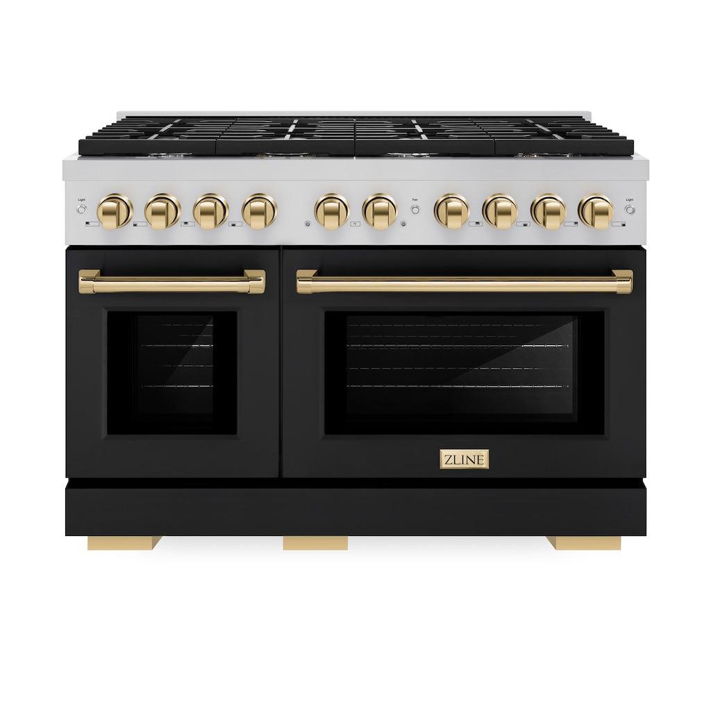 ZLINE Autograph Edition 48 in. 6.7 cu. ft. 8 Burner Double Oven Gas Range in Stainless Steel with Black Matte Doors and Polished Gold Accents (SGRZ-BLM-48-G) front, oven closed.