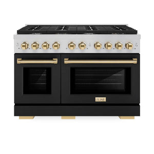 ZLINE Autograph Edition 48 in. 6.7 cu. ft. Paramount Double Oven Gas Range with 8 Burner Cooktop in Stainless Steel with Black Matte Doors and Polished Gold Accents (SGRZ-BLM-48-G) front, oven closed.