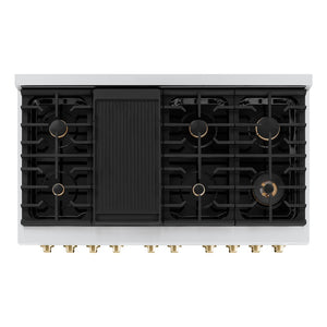 ZLINE Autograph Edition 48 in. 6.7 cu. ft. 8 Burner Double Oven Gas Range in Stainless Steel with Black Matte Doors and Polished Gold Accents (SGRZ-BLM-48-G) from above, showing gas burners, black porcelain cooktop, and cast-iron grates.