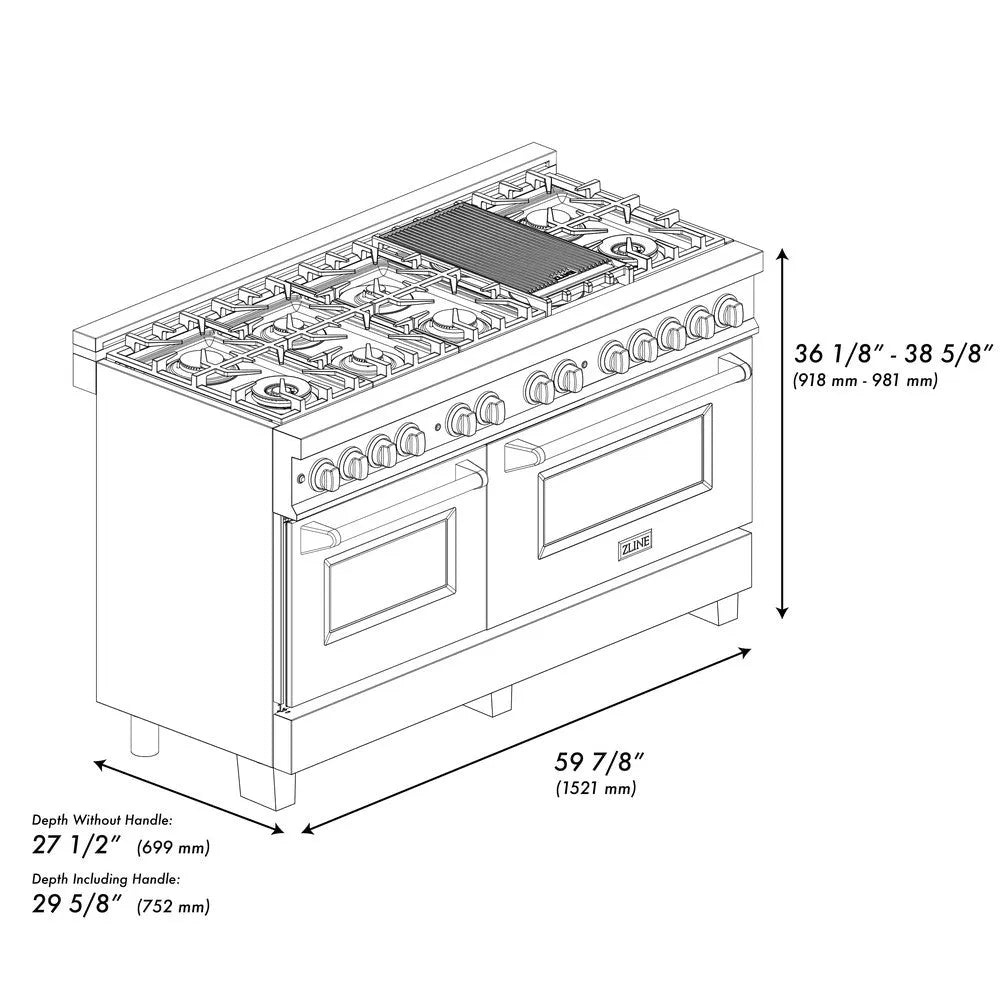 ZLINE Autograph Edition 60 in. 7.4 cu. ft. Legacy Dual Fuel Range with 9 Burner Gas Cooktop and 2 Electric Convection Ovens in Stainless Steel and Polished Gold Accents (RAZ-60-G) dimensional diagram.