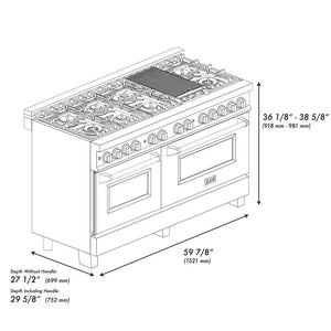 ZLINE Autograph Edition 60 in. 7.4 cu. ft. Legacy Dual Fuel Range with 9 Burner Gas Cooktop and 2 Electric Convection Ovens in Stainless Steel and Polished Gold Accents (RAZ-60-G) dimensional diagram.