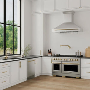ZLINE Autograph Edition 48 in. Stainless Steel Range Hood with Stainless Steel Shell and Polished Gold Handle (8654STZ-48-G) in a luxury kitchen.