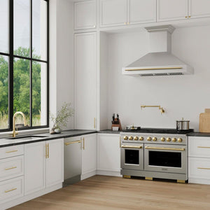 ZLINE Autograph Edition 48 in. 6.7 cu. ft. Paramount Double Oven Gas Range with 8 Burner Cooktop in Stainless Steel and Polished Gold Accents (SGRZ-48-G) in a luxury kitchen.