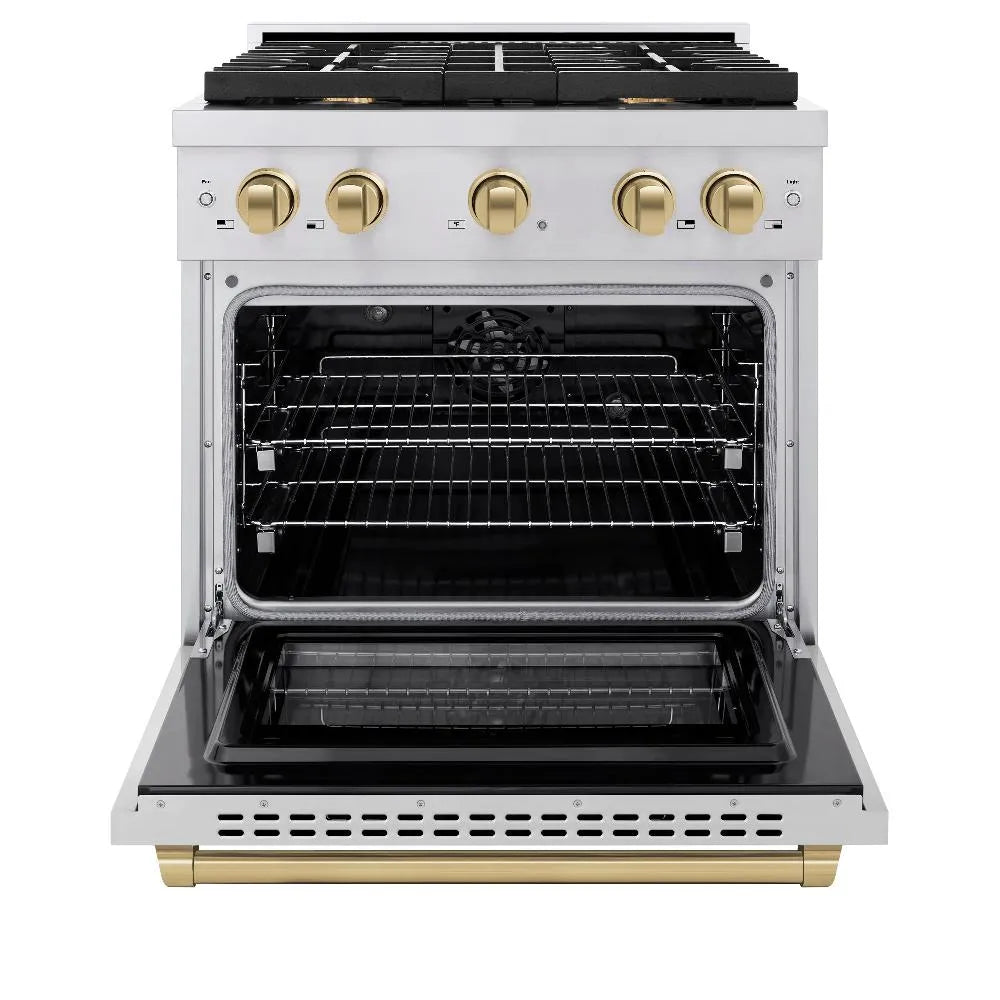 ZLINE Autograph Edition 30 in. 4.2 cu. ft. Paramount Dual Fuel Range with 4 Burner Gas Cooktop and Electric Convection Oven in Stainless Steel with Champagne Bronze Accents (SDRZ-30-CB) front, open.